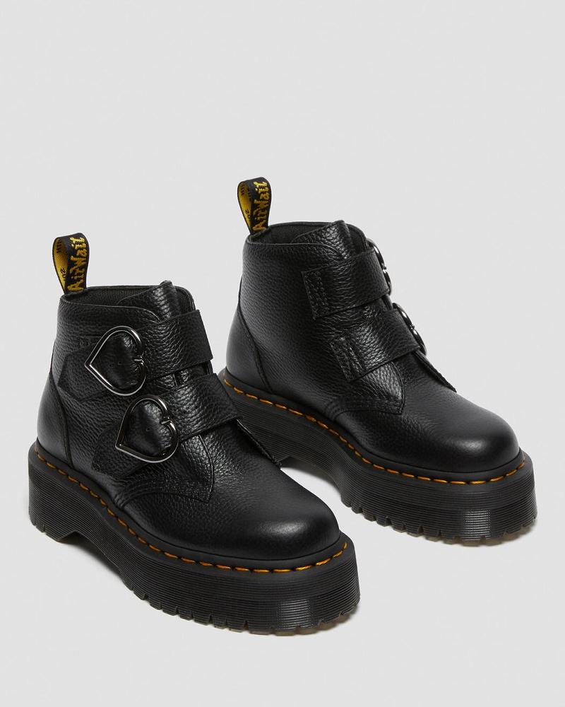 Dr Martens Devon Heart Læder Platform Støvler Dame Sort | DK 238OKI